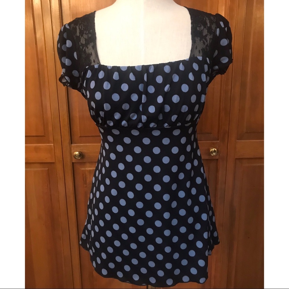 INC | Black & Blue Polka Dot Top | Lace | Medium